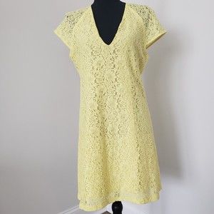 Zara Women Dress Size Large V-Neck Color Yellow Lace Mini Dress
